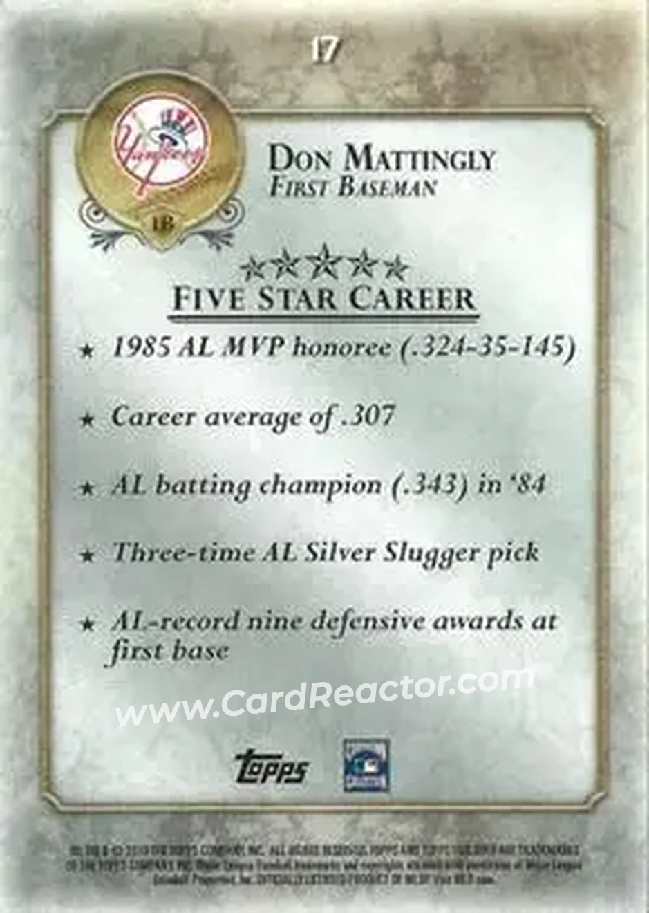 2013 Topps Five Star #17 - Don Mattingly - New York Yankees - Back 2013 Topps Five Star #17 - Don Mattingly - New York Yankees - Back