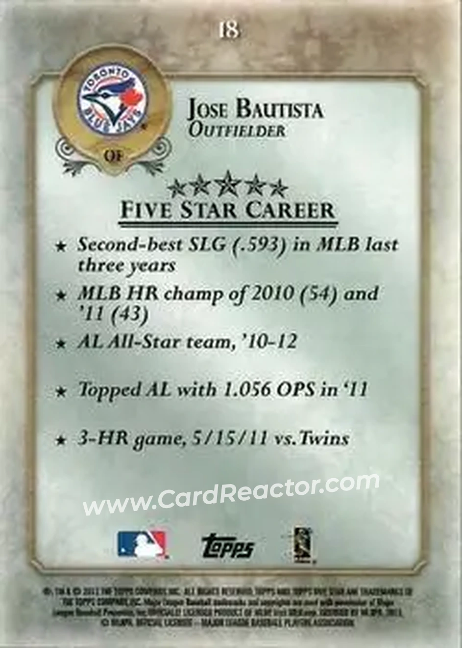 2013 Topps Five Star #18 - Jose Bautista - Toronto Blue Jays - Back