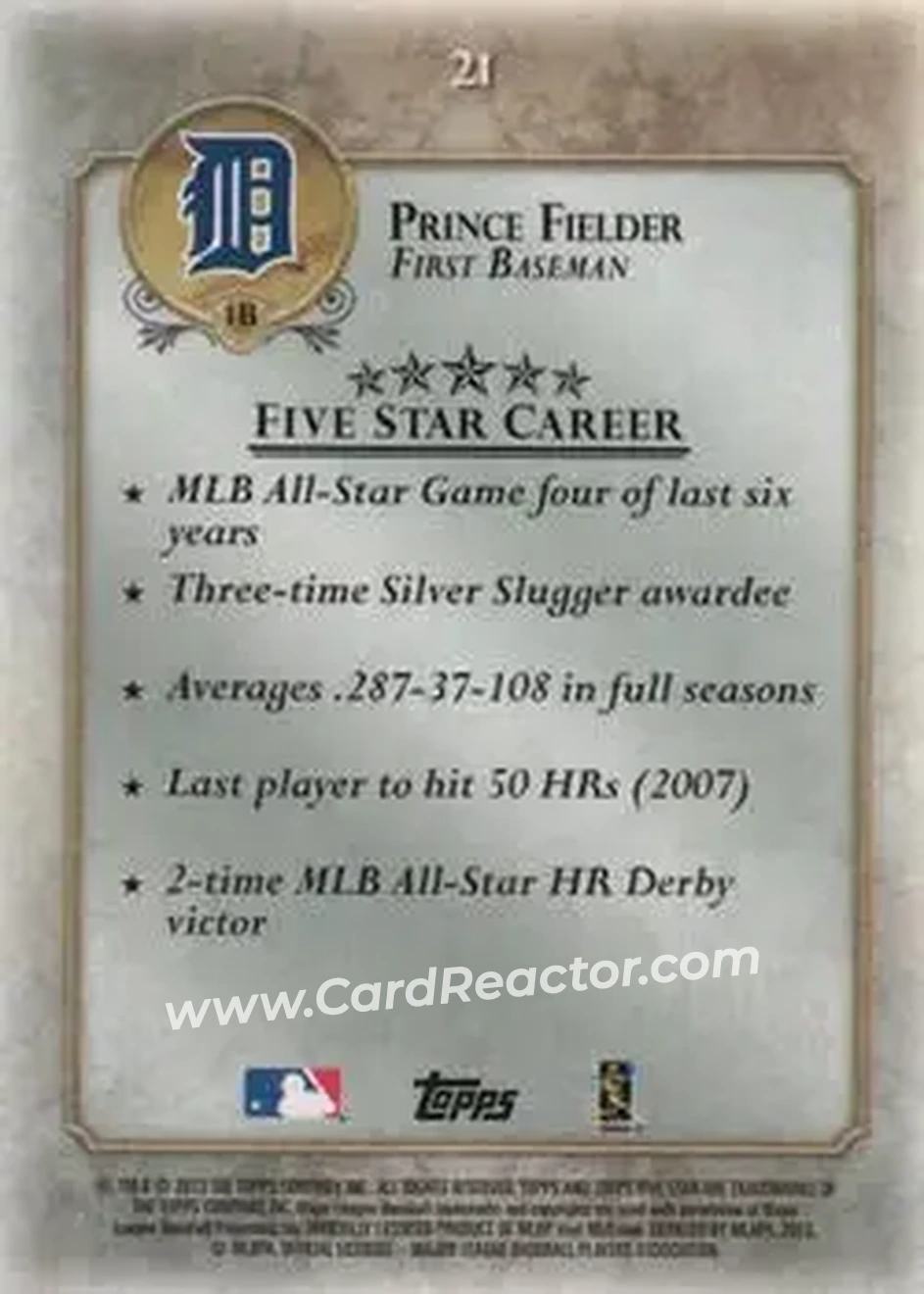 2013 Topps Five Star #21 - Prince Fielder - Detroit Tigers - Back