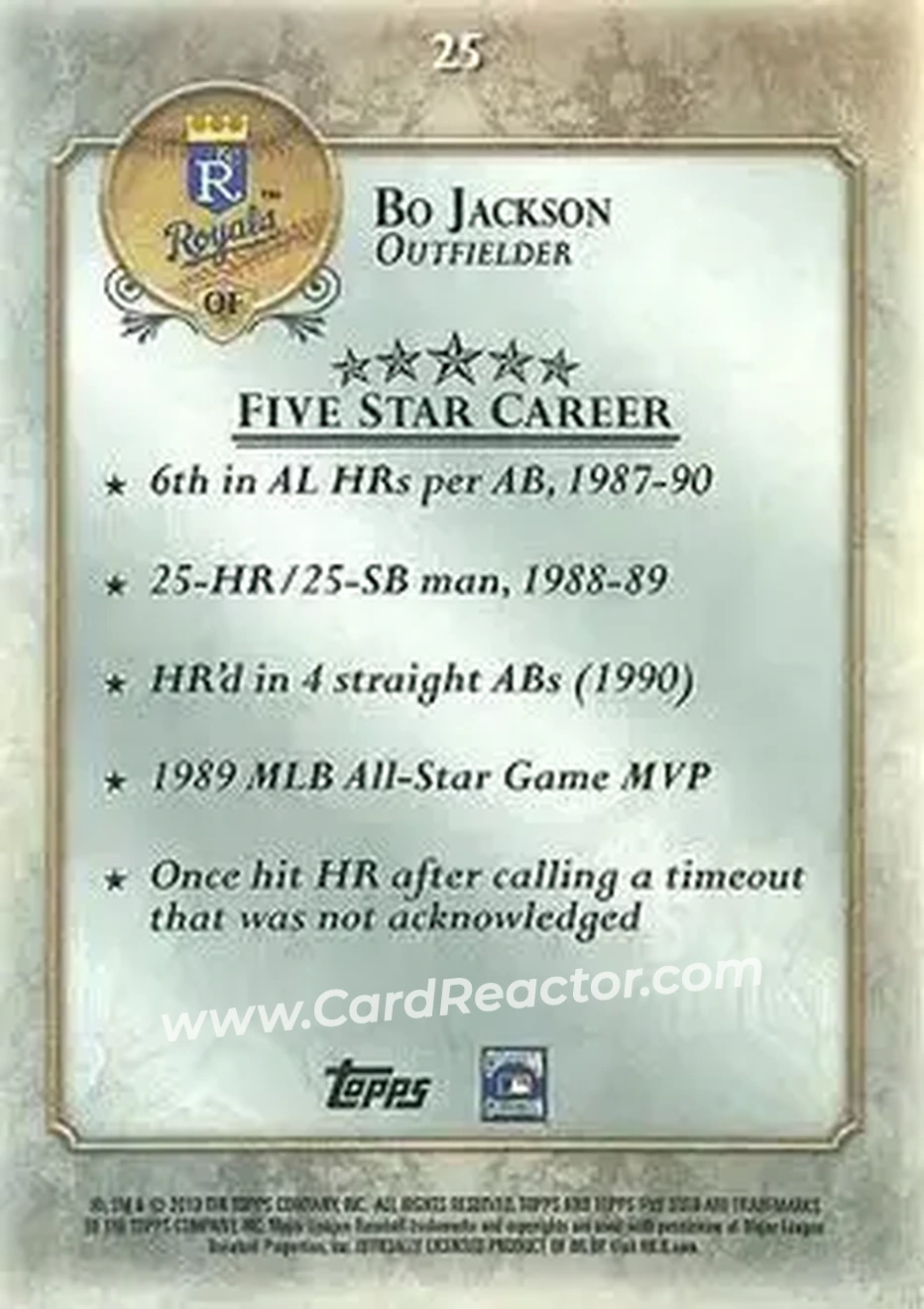2013 Topps Five Star #25 - Bo Jackson - Kansas City Royals - Back 2013 Topps Five Star #25 - Bo Jackson - Kansas City Royals - Back