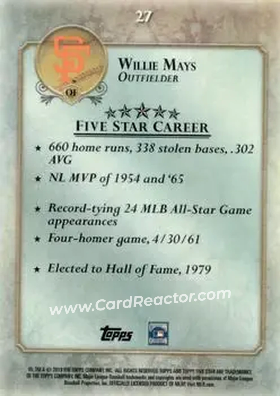 2013 Topps Five Star #27 - Willie Mays - San Francisco Giants - Back