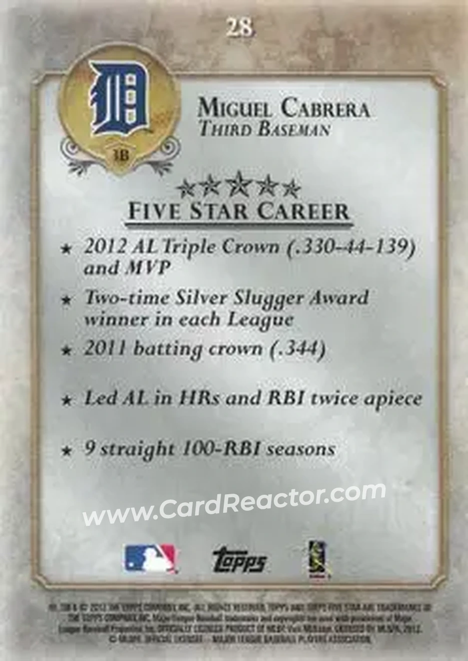 2013 Topps Five Star #28 - Miguel Cabrera - Detroit Tigers - Back