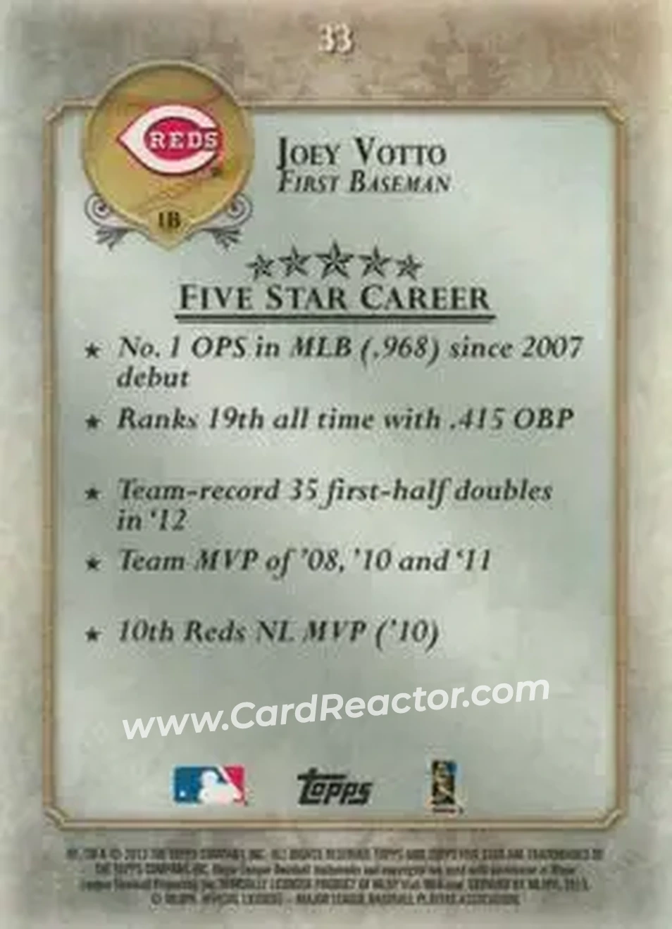 2013 Topps Five Star #33 - Joey Votto - Cincinnati Reds - Back 2013 Topps Five Star #33 - Joey Votto - Cincinnati Reds - Back