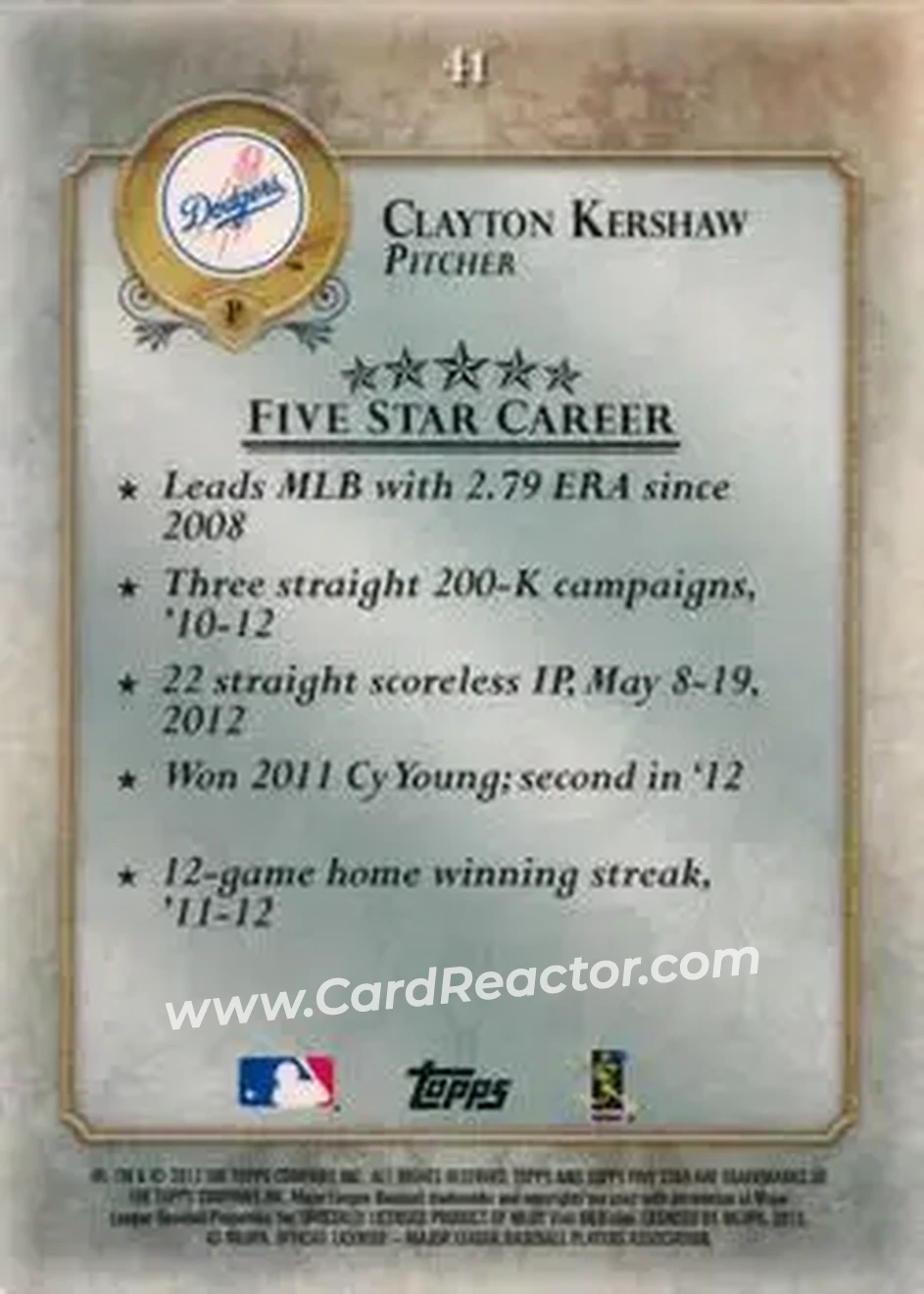 2013 Topps Five Star #41 - Clayton Kershaw - Los Angeles Dodgers - Back