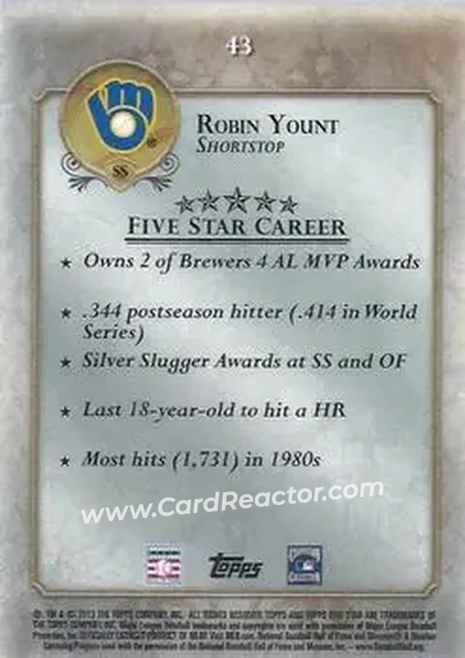 2013 Topps Five Star #43 - Robin Yount - Milwaukee Brewers - Back 2013 Topps Five Star #43 - Robin Yount - Milwaukee Brewers - Back
