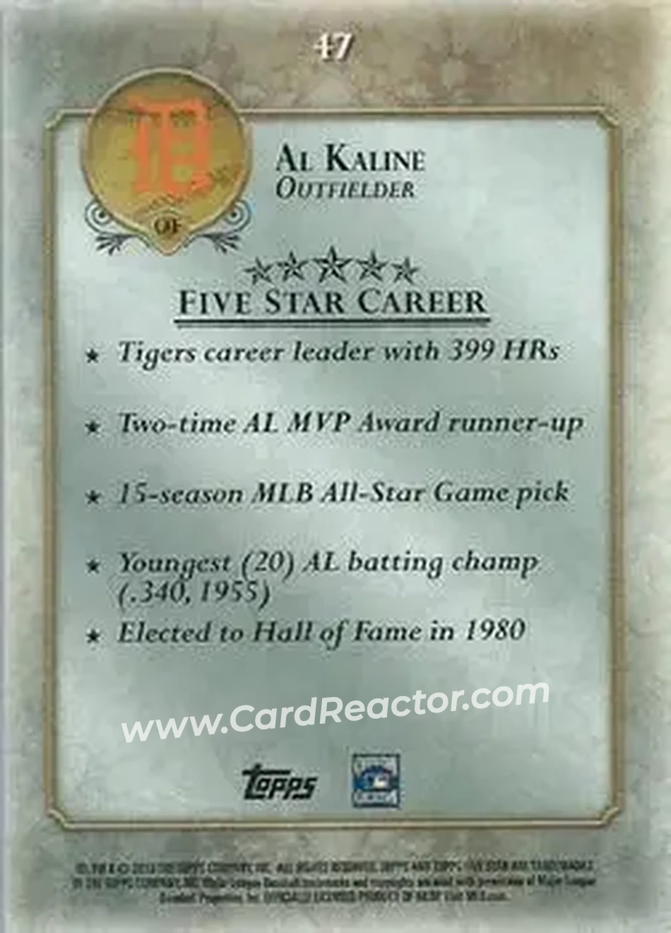 2013 Topps Five Star #47 - Al Kaline - Detroit Tigers - Back 2013 Topps Five Star #47 - Al Kaline - Detroit Tigers - Back