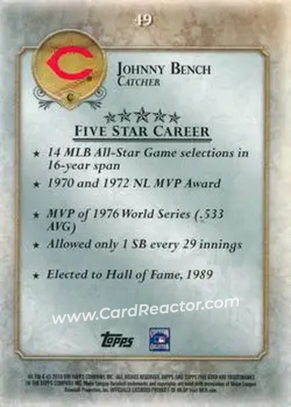 2013 Topps Five Star #49 - Johnny Bench - Cincinnati Reds - Back