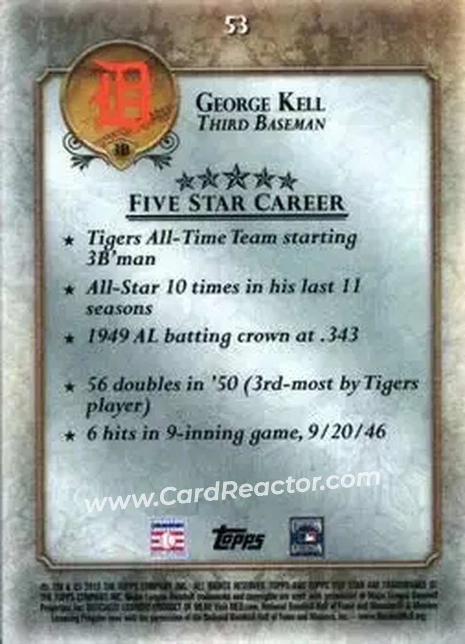 2013 Topps Five Star #53 - George Kell - Detroit Tigers - Back