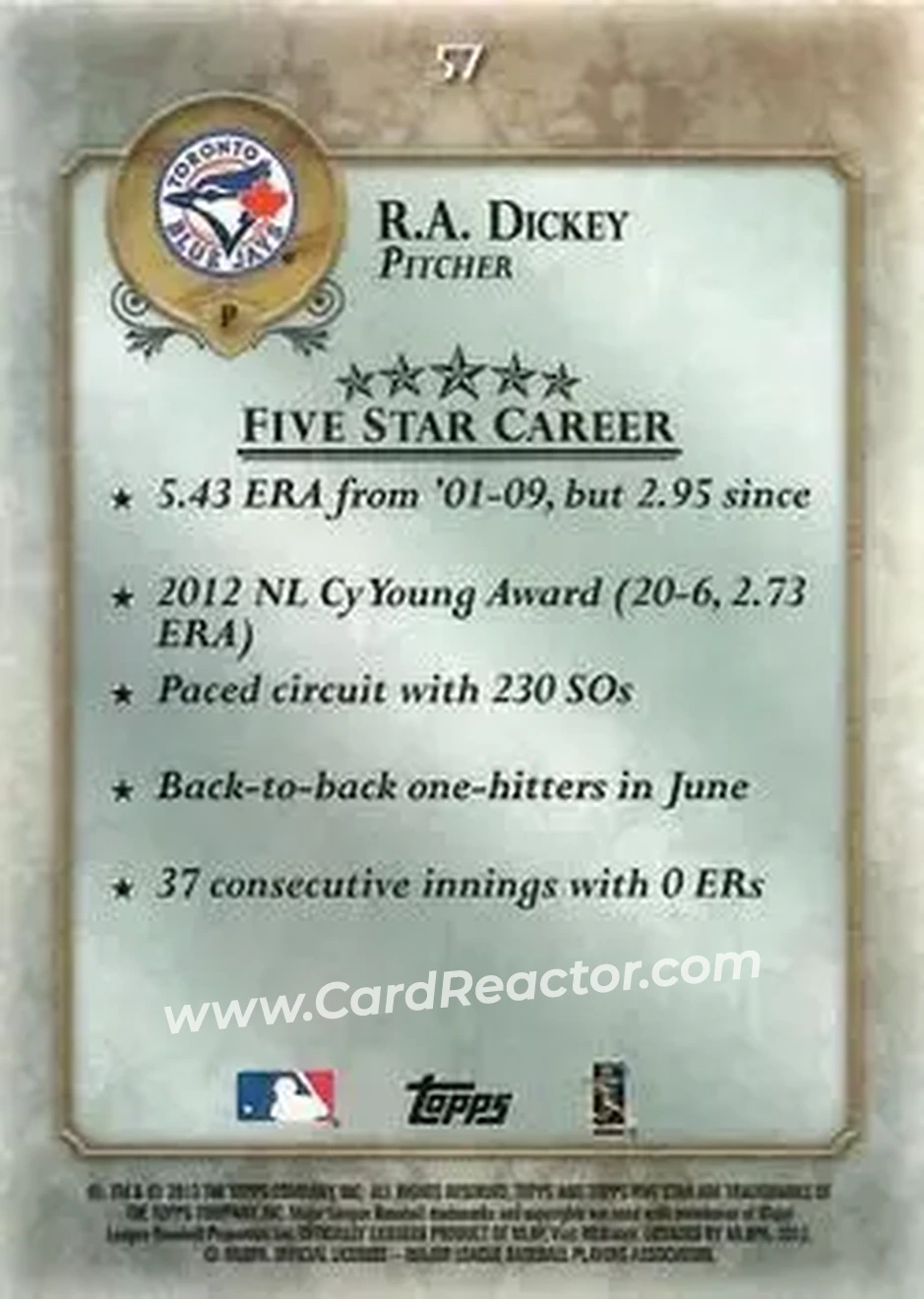 2013 Topps Five Star #57 - R.A. Dickey - Toronto Blue Jays - Back 2013 Topps Five Star #57 - R.A. Dickey - Toronto Blue Jays - Back
