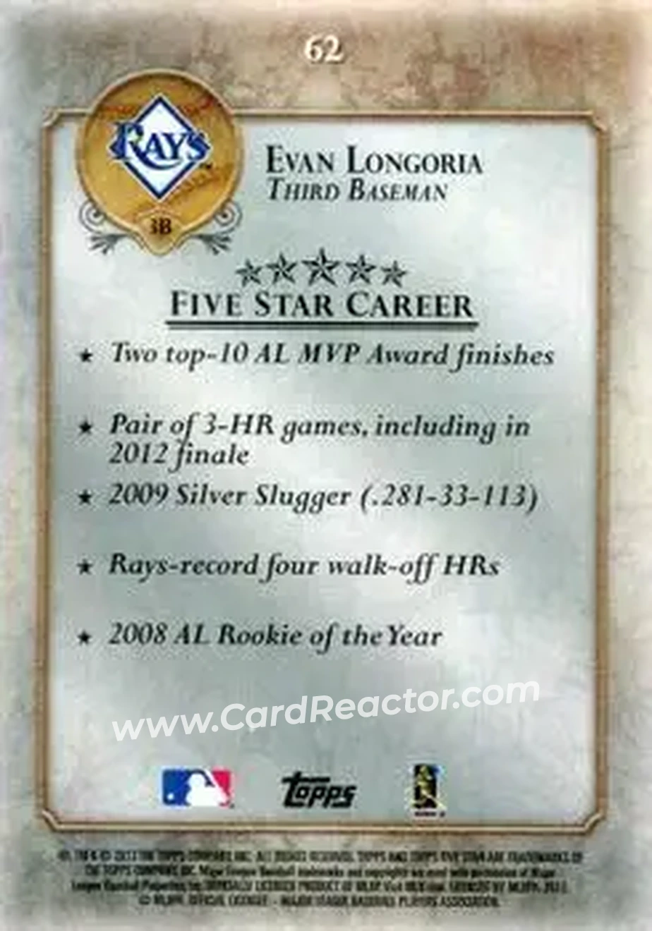 2013 Topps Five Star #62 - Evan Longoria - Tampa Bay Rays - Back 2013 Topps Five Star #62 - Evan Longoria - Tampa Bay Rays - Back