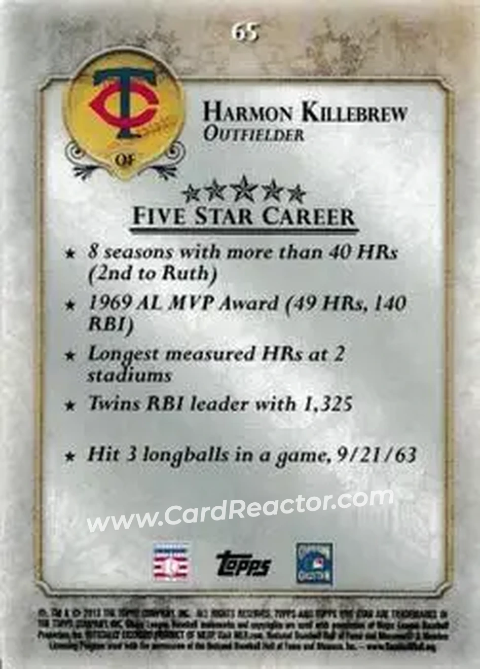 2013 Topps Five Star #65 - Harmon Killebrew - Minnesota Twins - Back 2013 Topps Five Star #65 - Harmon Killebrew - Minnesota Twins - Back
