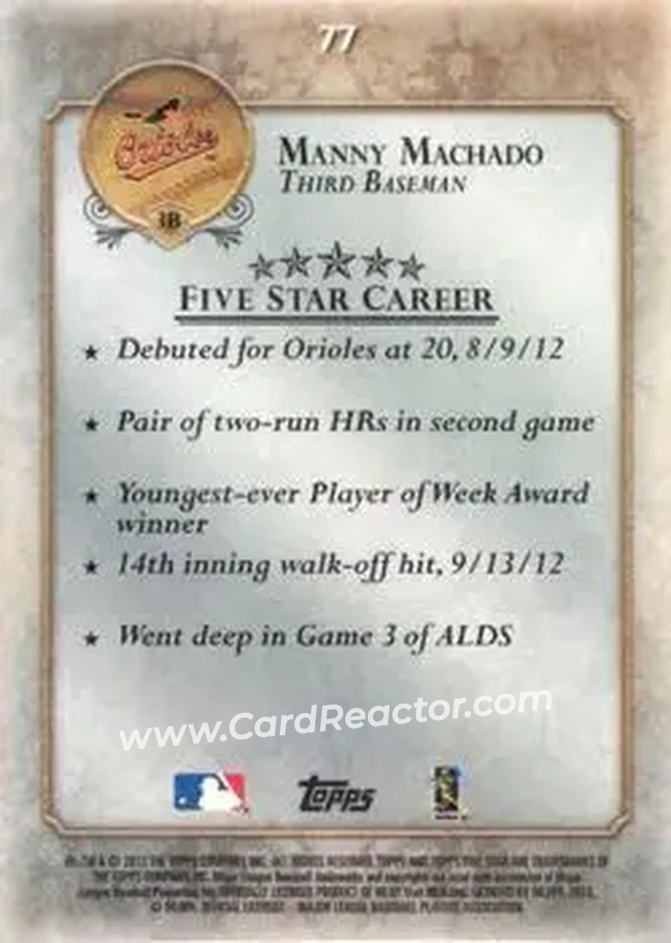 2013 Topps Five Star #77 - Manny Machado - Baltimore Orioles - Back