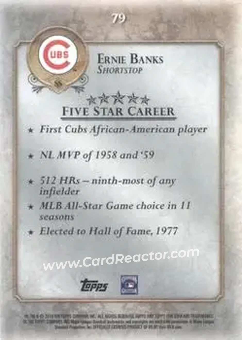 2013 Topps Five Star #79 - Ernie Banks - Chicago Cubs - Back 2013 Topps Five Star #79 - Ernie Banks - Chicago Cubs - Back