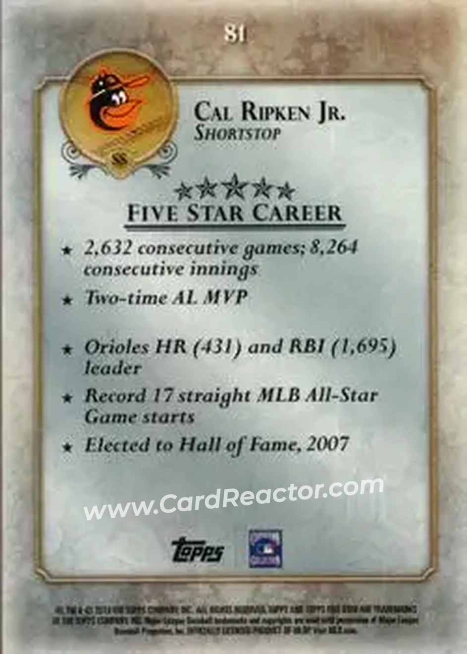 2013 Topps Five Star #81 - Cal Ripken - Baltimore Orioles - Back 2013 Topps Five Star #81 - Cal Ripken - Baltimore Orioles - Back