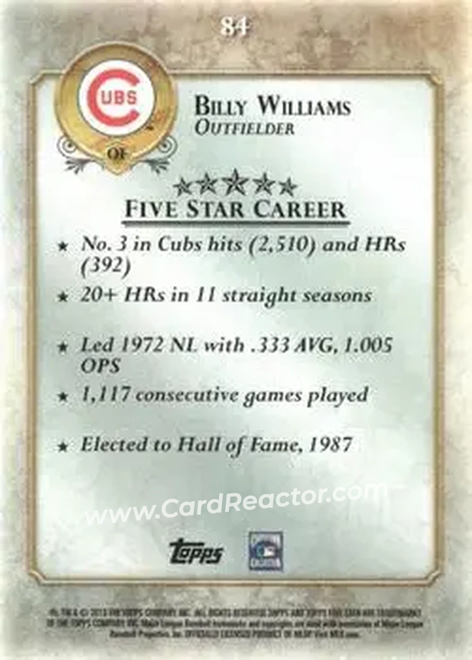 2013 Topps Five Star #84 - Billy Williams - Chicago Cubs - Back