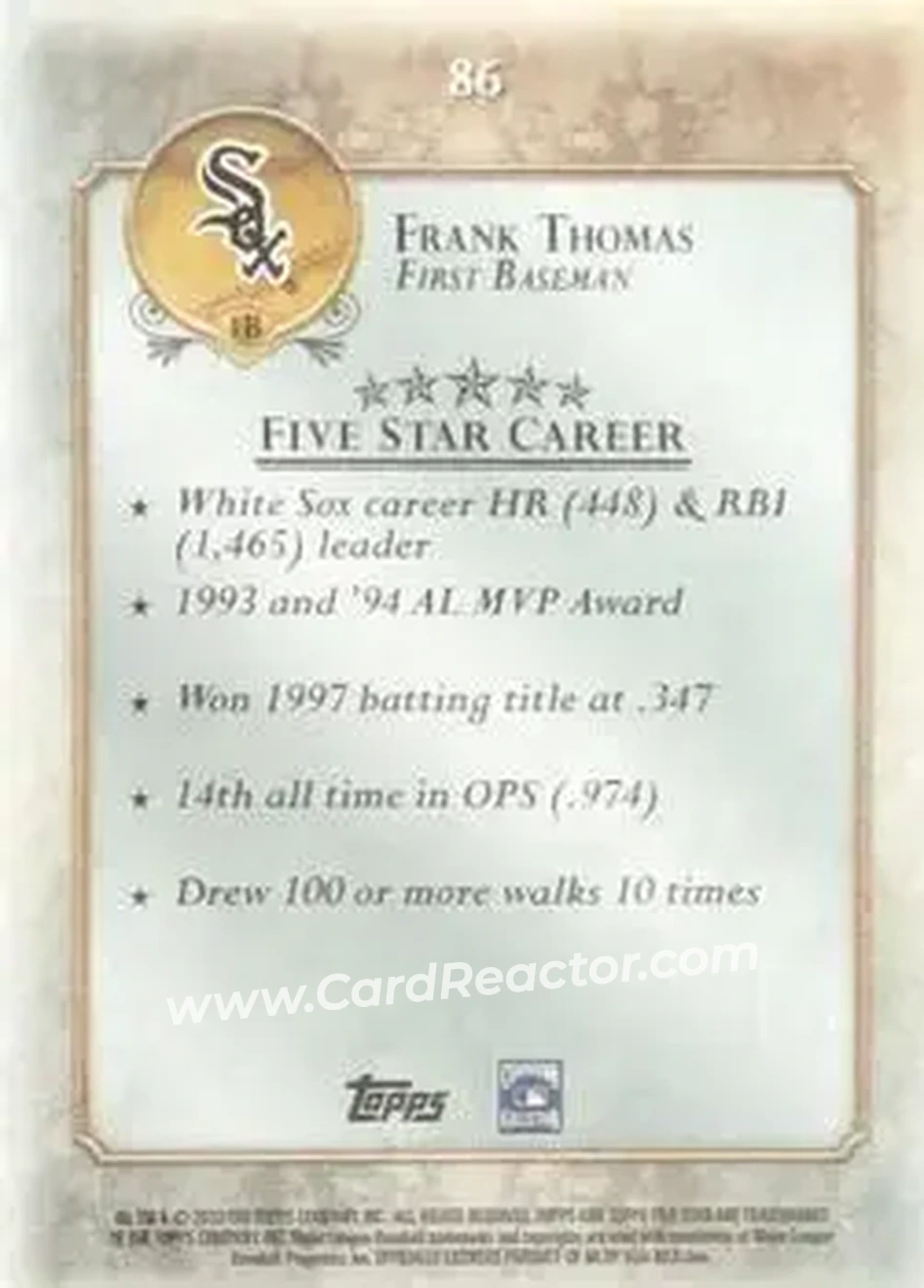 2013 Topps Five Star #86 - Frank Thomas - Chicago White Sox - Back 2013 Topps Five Star #86 - Frank Thomas - Chicago White Sox - Back