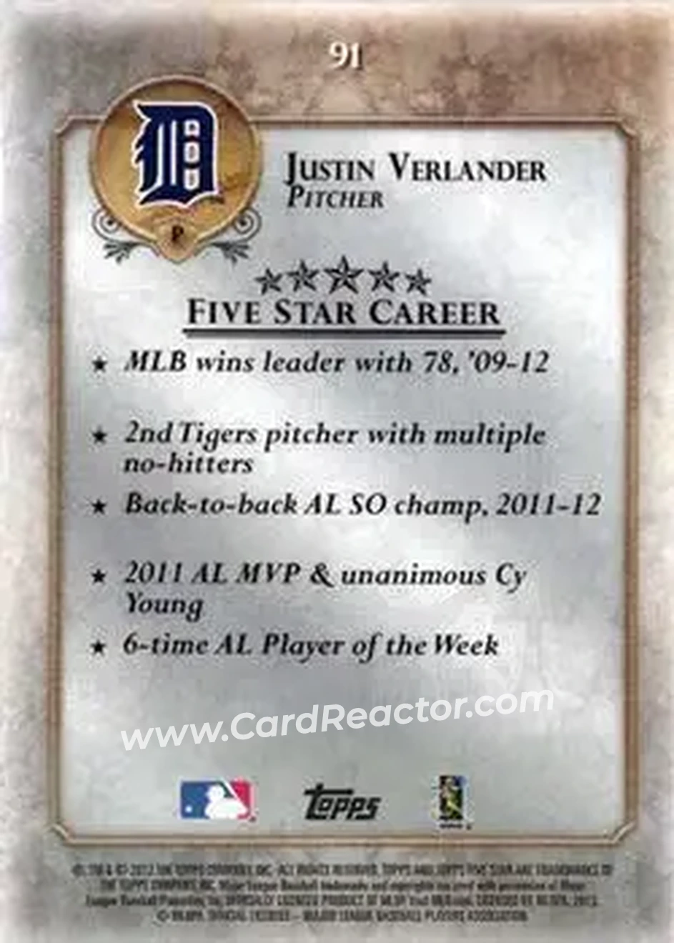 2013 Topps Five Star #91 - Justin Verlander - Detroit Tigers - Back