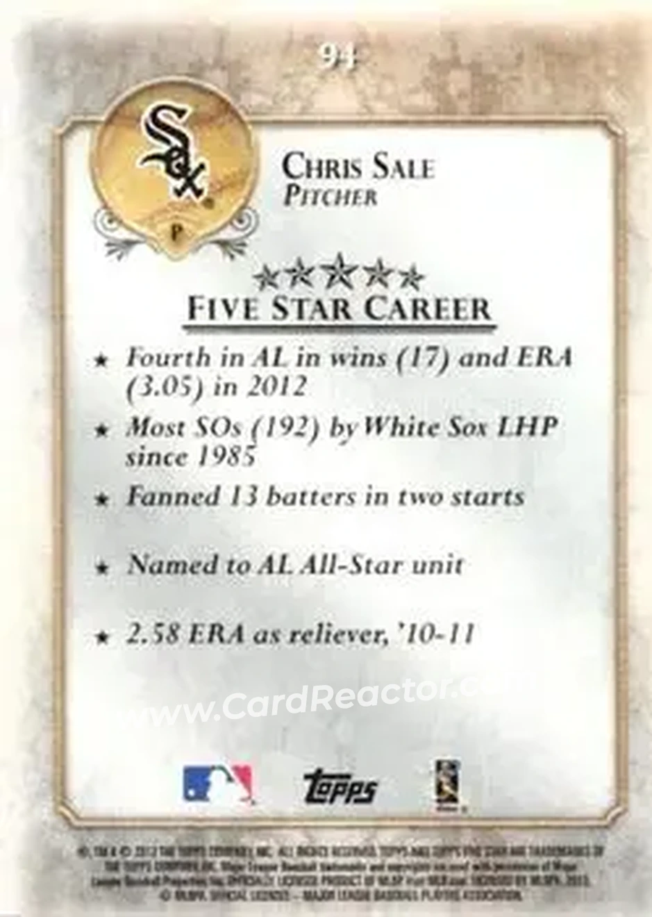 2013 Topps Five Star #94 - Chris Sale - Chicago White Sox - Back