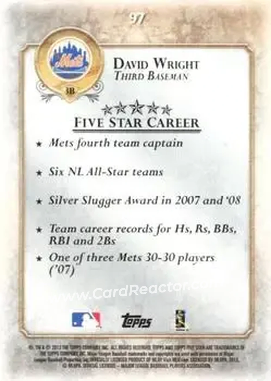 2013 Topps Five Star #97 - David Wright - New York Mets - Back 2013 Topps Five Star #97 - David Wright - New York Mets - Back
