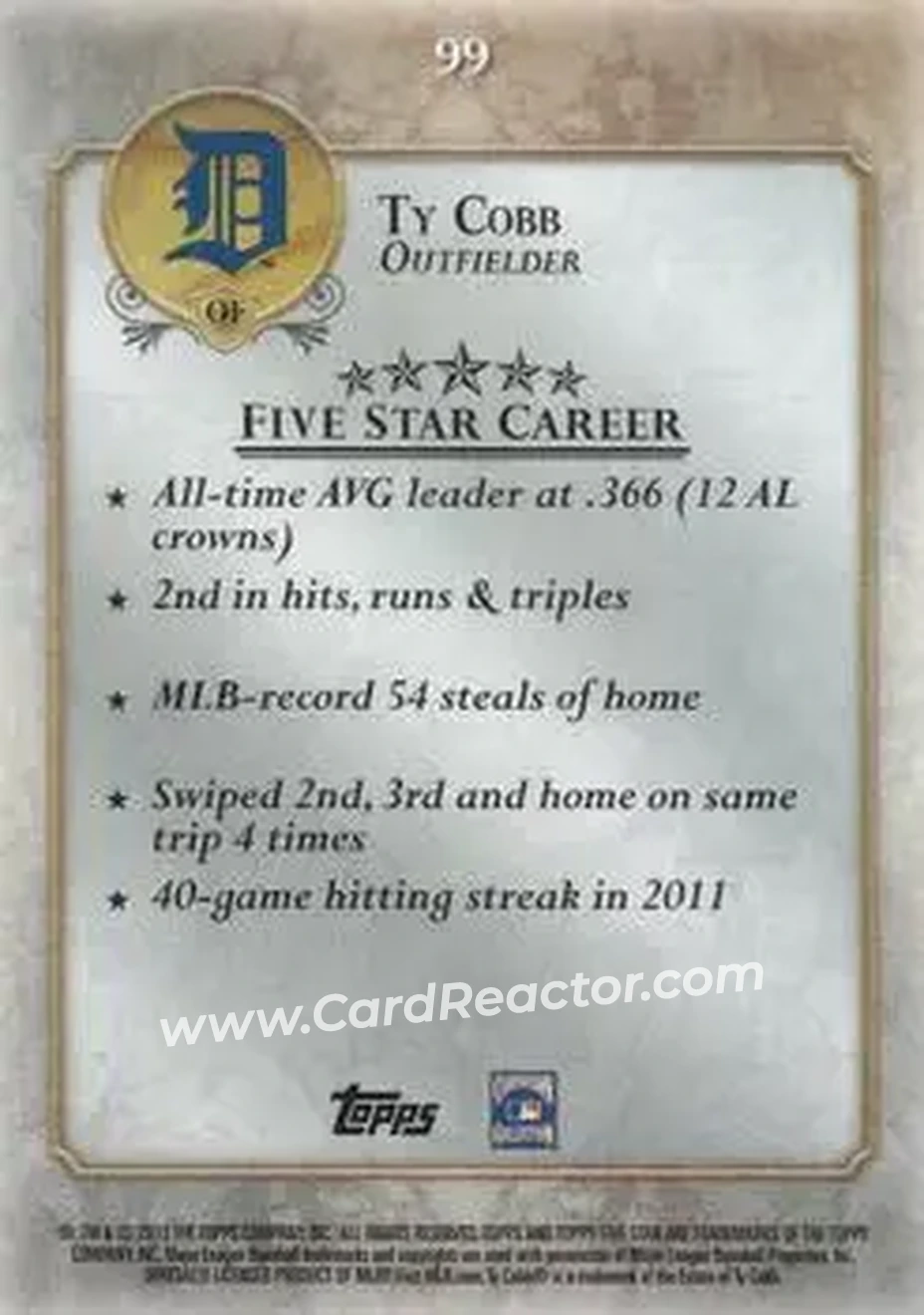 2013 Topps Five Star #99 - Ty Cobb - Detroit Tigers - Back