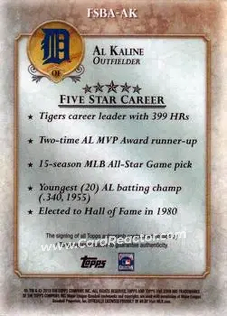 2013 Topps Five Star - Autographs #FSBA-AK - Al Kaline - Detroit Tigers - Back