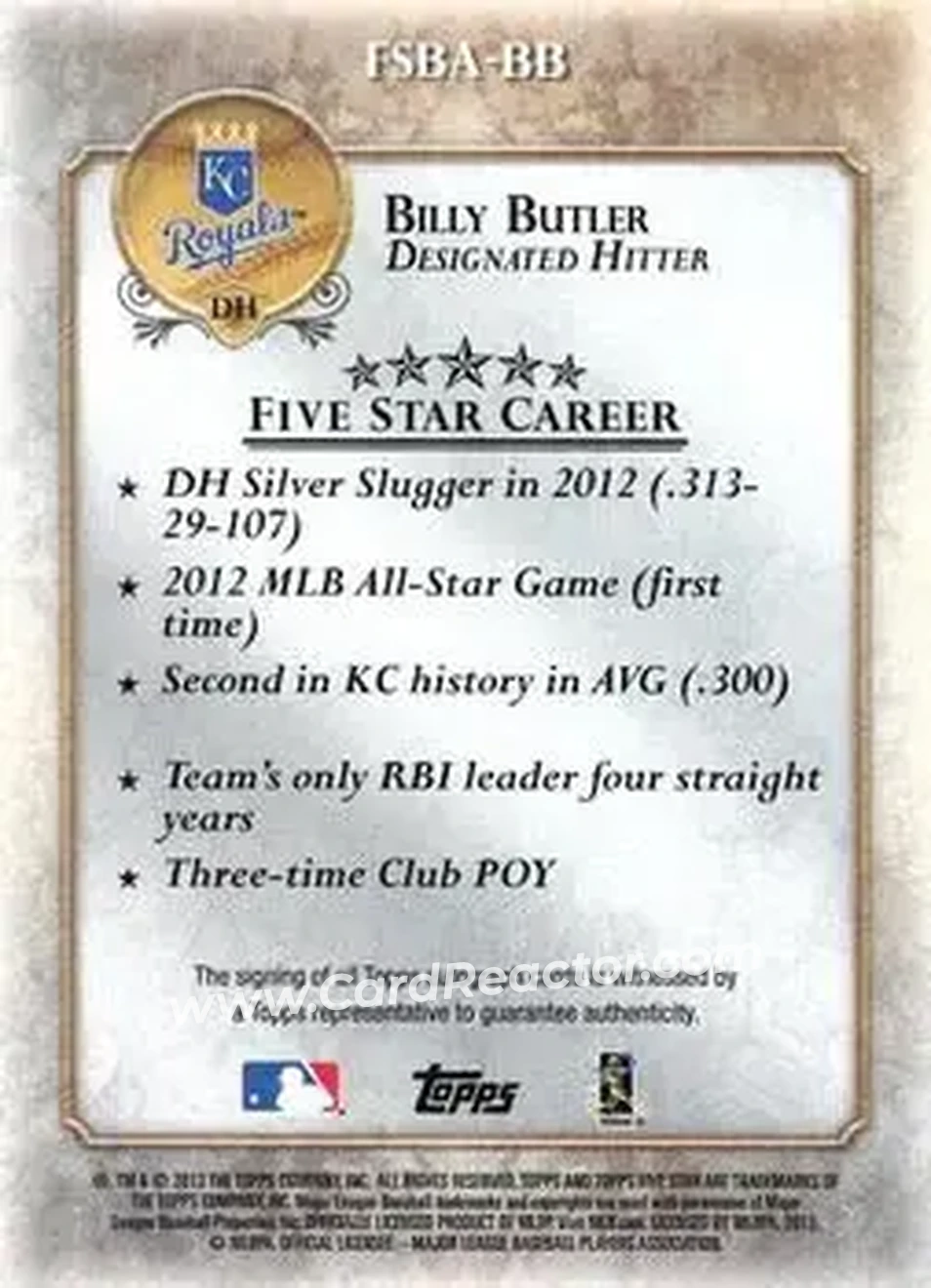 2013 Topps Five Star - Autographs #FSBA-BB - Billy Butler - Kansas City Royals - Back