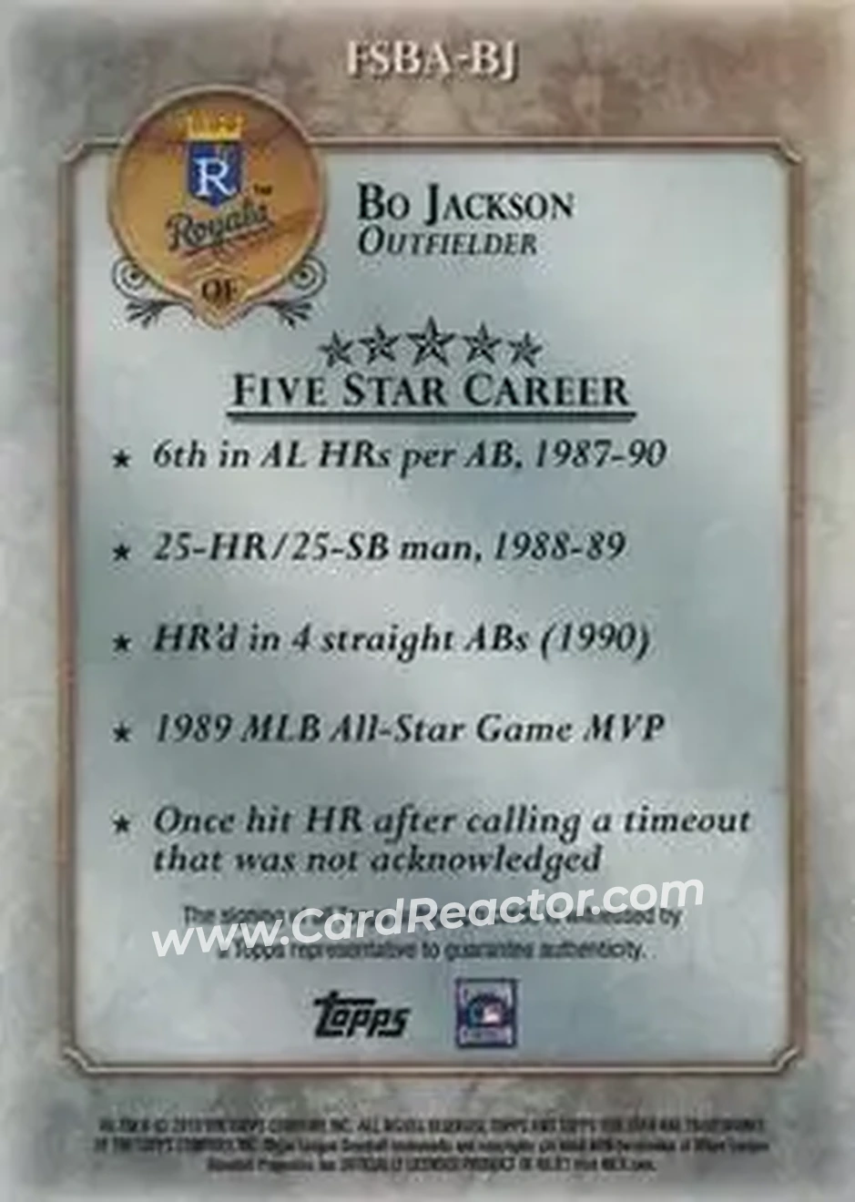 2013 Topps Five Star - Autographs #FSBA-BJ - Bo Jackson - Kansas City Royals - Back