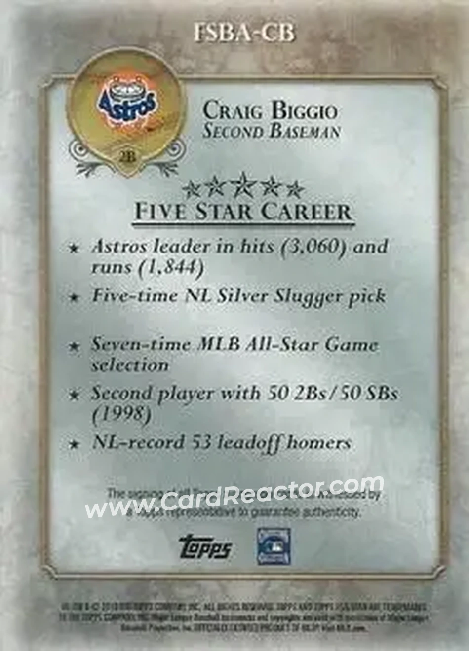 2013 Topps Five Star - Autographs #FSBA-CB - Craig Biggio - Houston Astros - Back