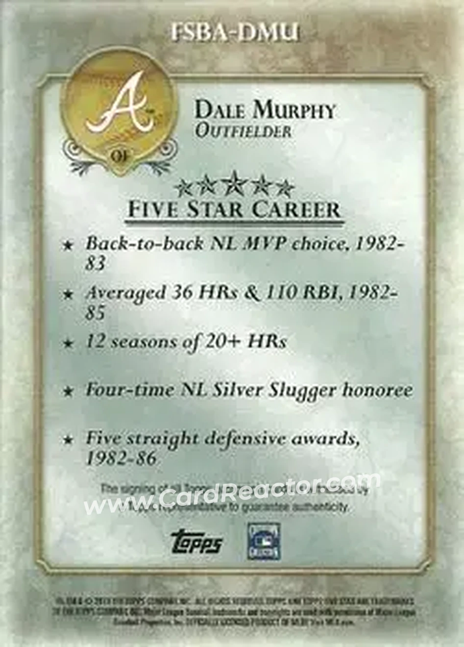 2013 Topps Five Star - Autographs #FSBA-DMU - Dale Murphy - Atlanta Braves - Back