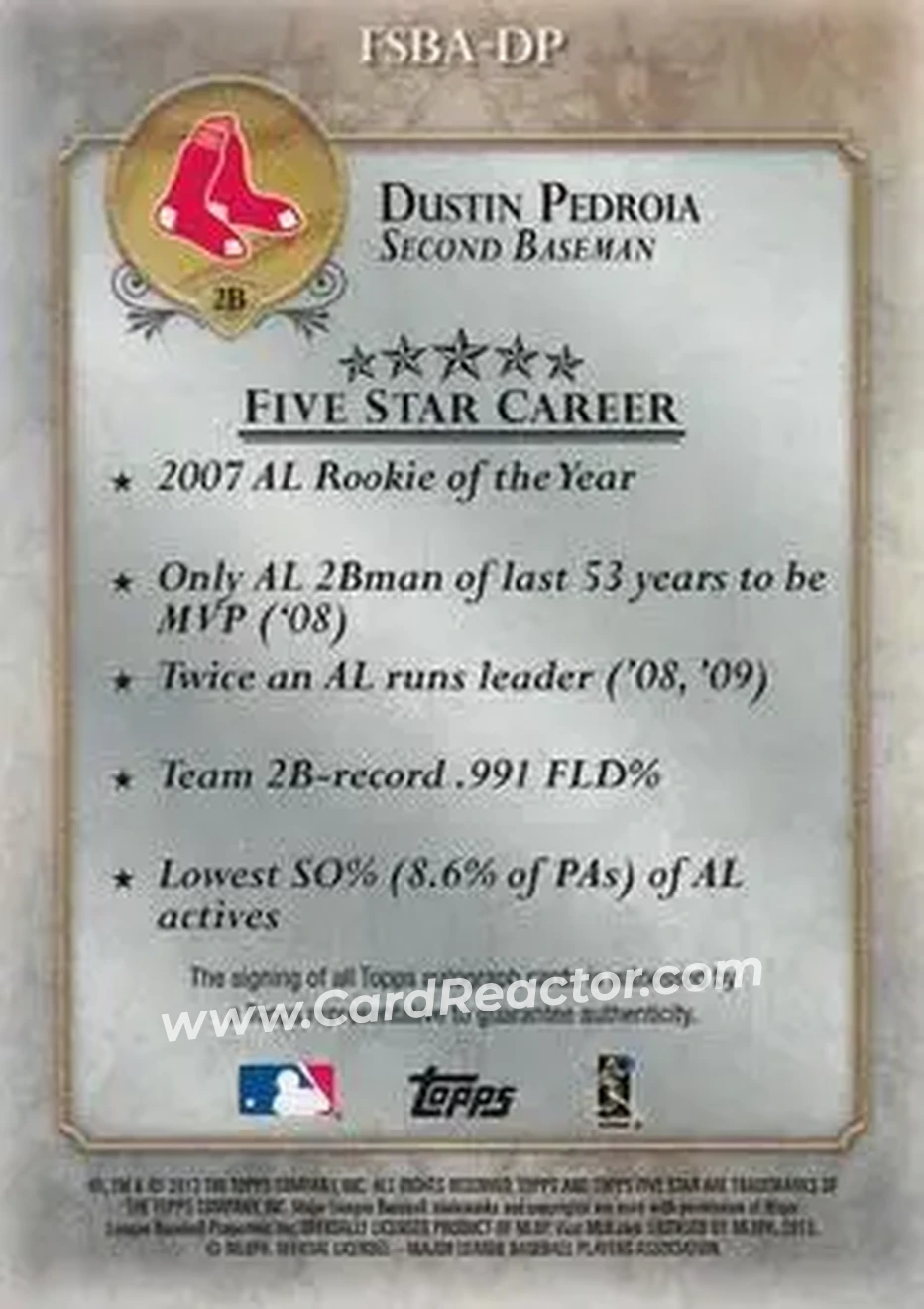 2013 Topps Five Star - Autographs #FSBA-DP - Dustin Pedroia - Boston Red Sox - Back