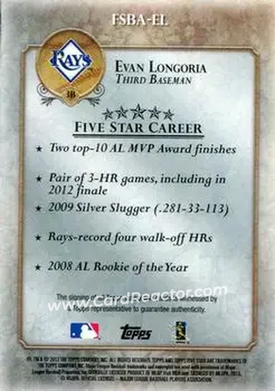 2013 Topps Five Star - Autographs #FSBA-EL - Evan Longoria - Tampa Bay Rays - Back