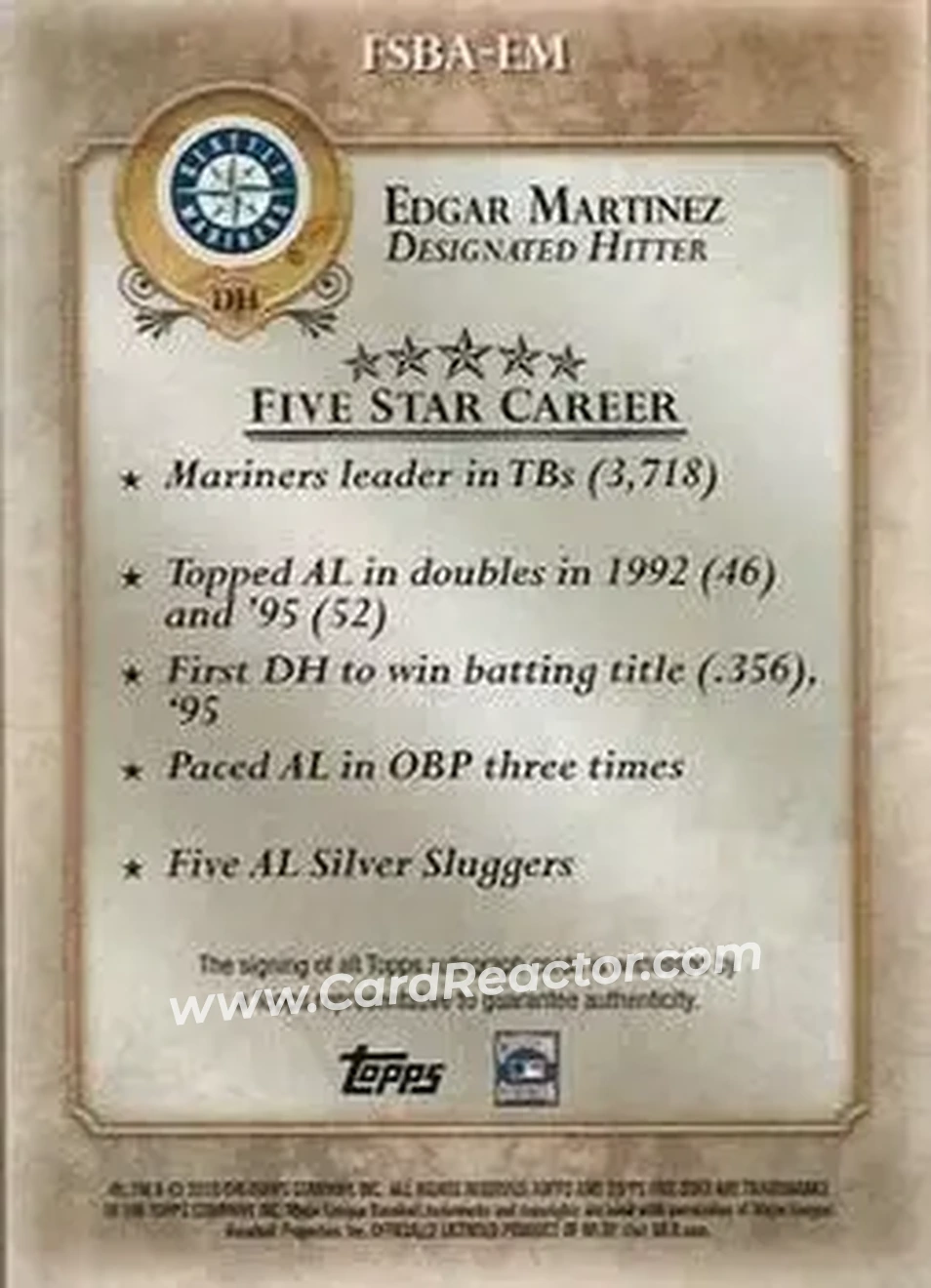 2013 Topps Five Star - Autographs #FSBA-EM - Edgar Martinez - Seattle Mariners - Back