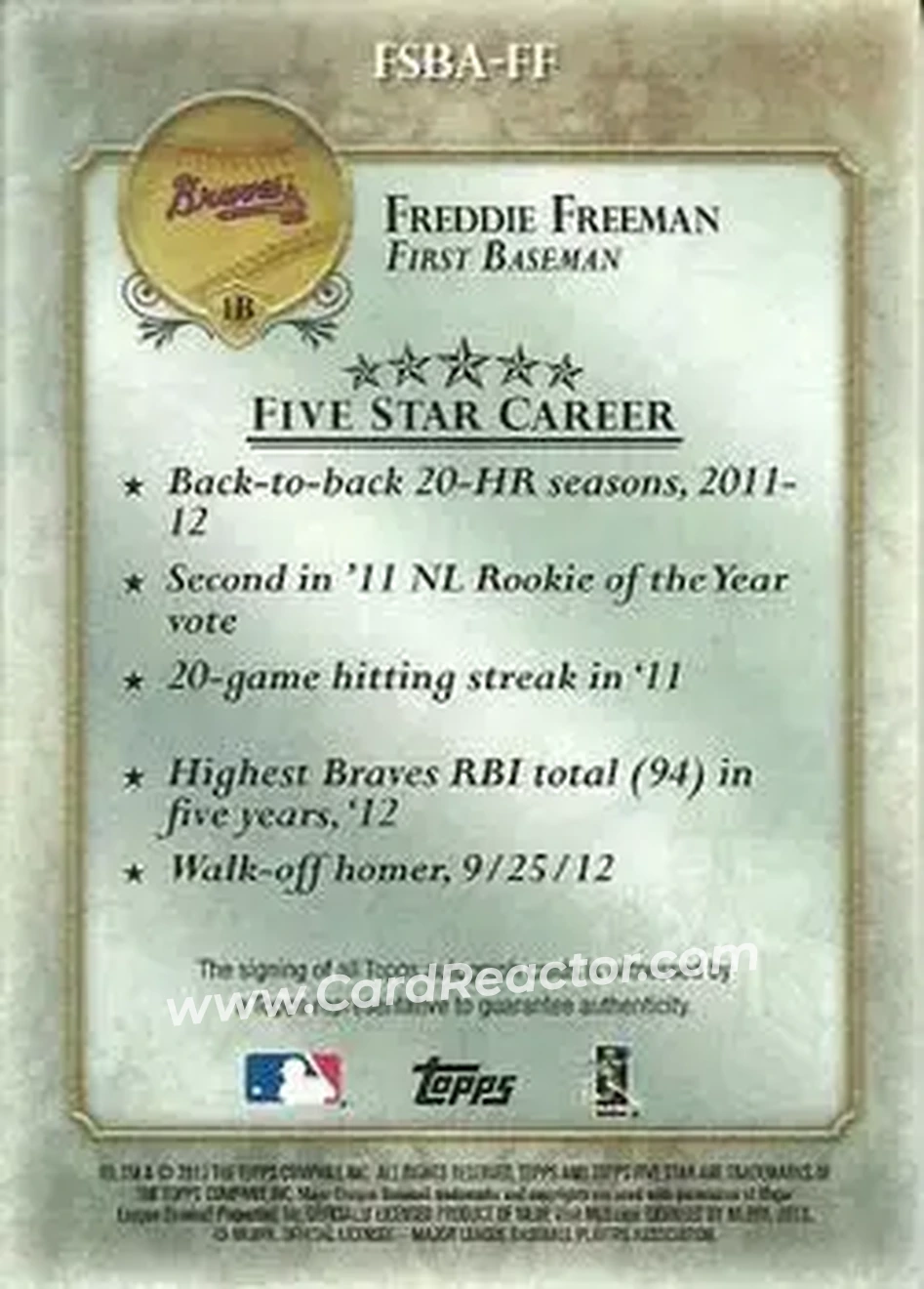 2013 Topps Five Star - Autographs #FSBA-FF - Freddie Freeman - Atlanta Braves - Back