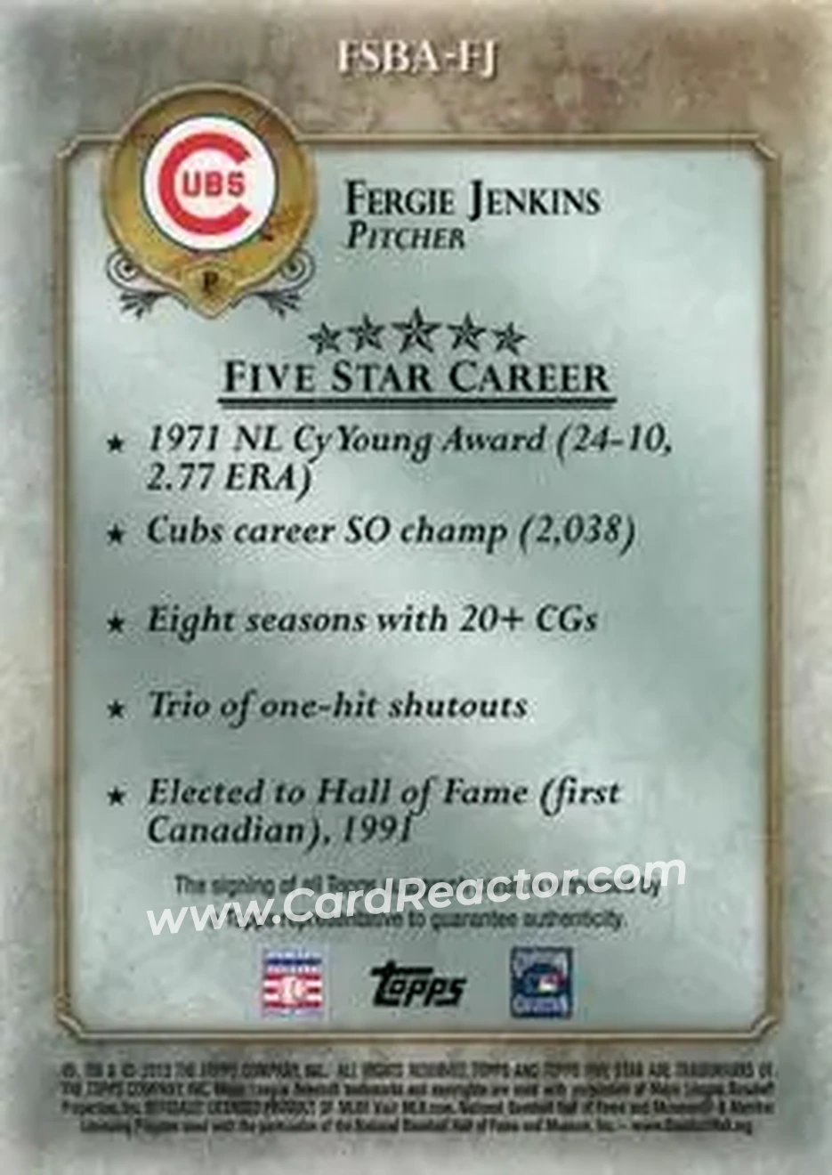 2013 Topps Five Star - Autographs #FSBA-FJ - Ferguson Jenkins - Chicago Cubs - Back