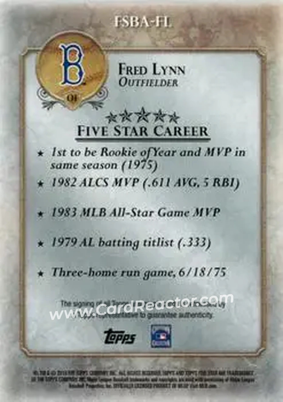 2013 Topps Five Star - Autographs #FSBA-FL - Fred Lynn - Boston Red Sox - Back 2013 Topps Five Star - Autographs #FSBA-FL - Fred Lynn - Boston Red Sox - Back