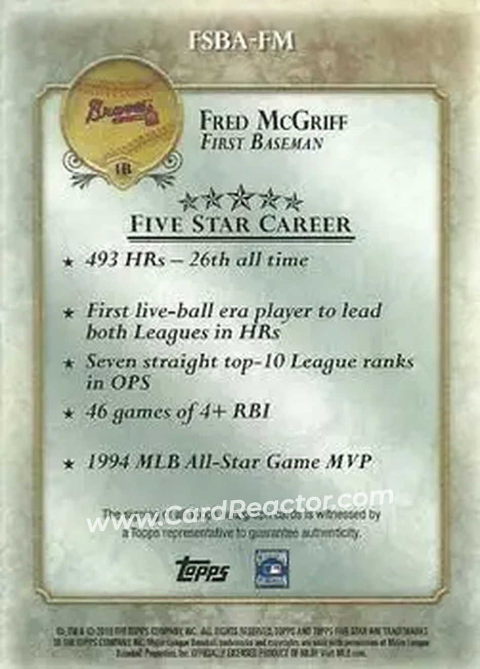 2013 Topps Five Star - Autographs #FSBA-FM - Fred McGriff - Atlanta Braves - Back