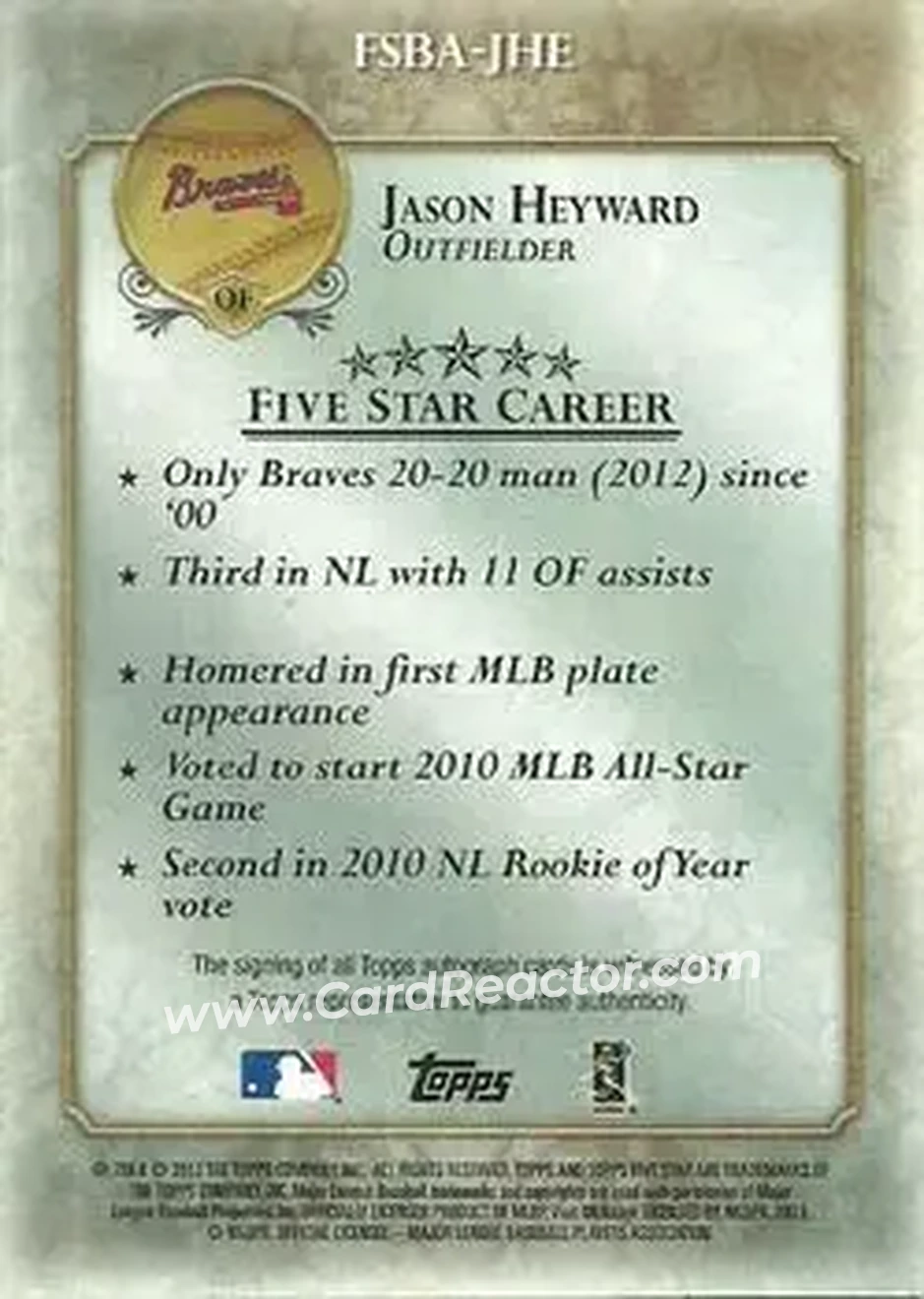 2013 Topps Five Star - Autographs #FSBA-JHE - Jason Heyward - Atlanta Braves - Back