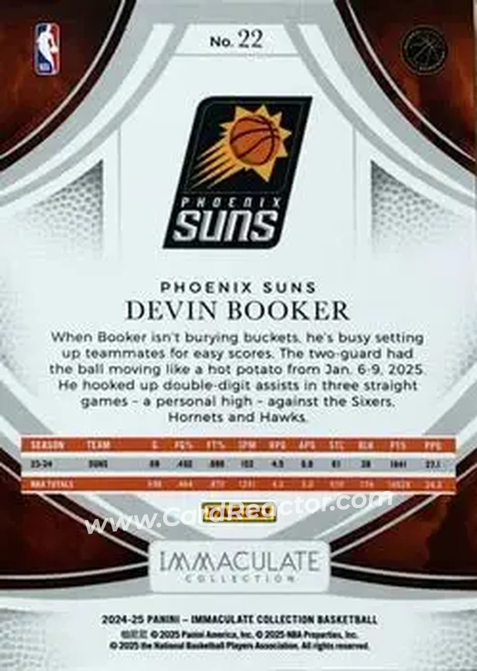 2024-25 Panini Immaculate Collection #22 - Devin Booker - Phoenix Suns - Back 2024-25 Panini Immaculate Collection #22 - Devin Booker - Phoenix Suns - Back