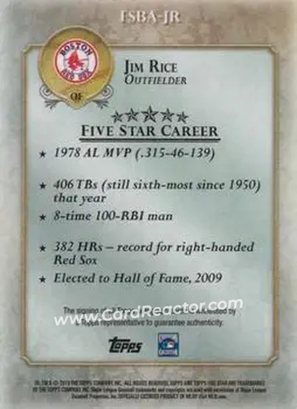 2013 Topps Five Star - Autographs #FSBA-JR - Jim Rice - Boston Red Sox - Back