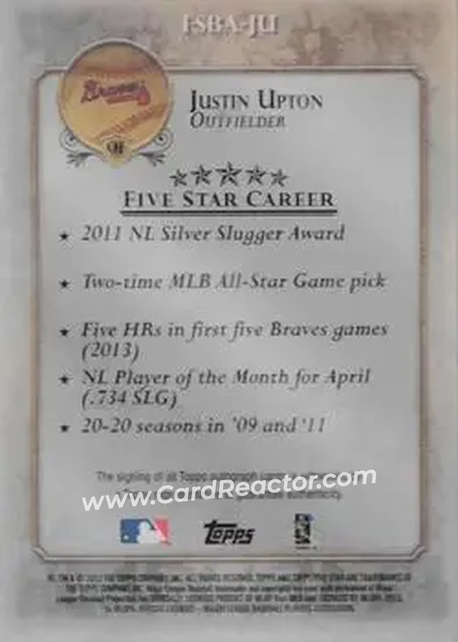 2013 Topps Five Star - Autographs #FSBA-JU - Justin Upton - Atlanta Braves - Back
