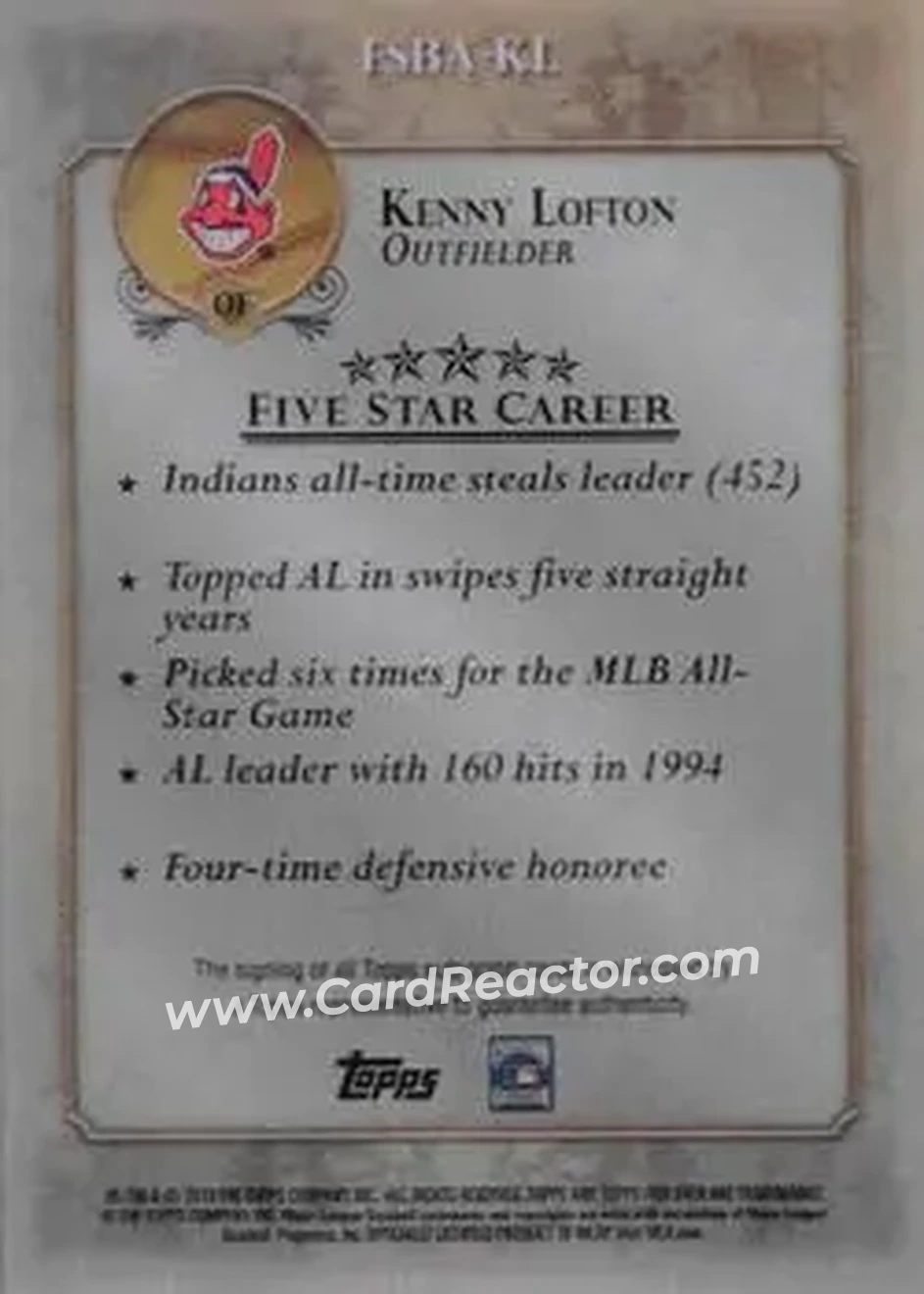 2013 Topps Five Star - Autographs #FSBA-KL - Kenny Lofton - Cleveland Indians - Back