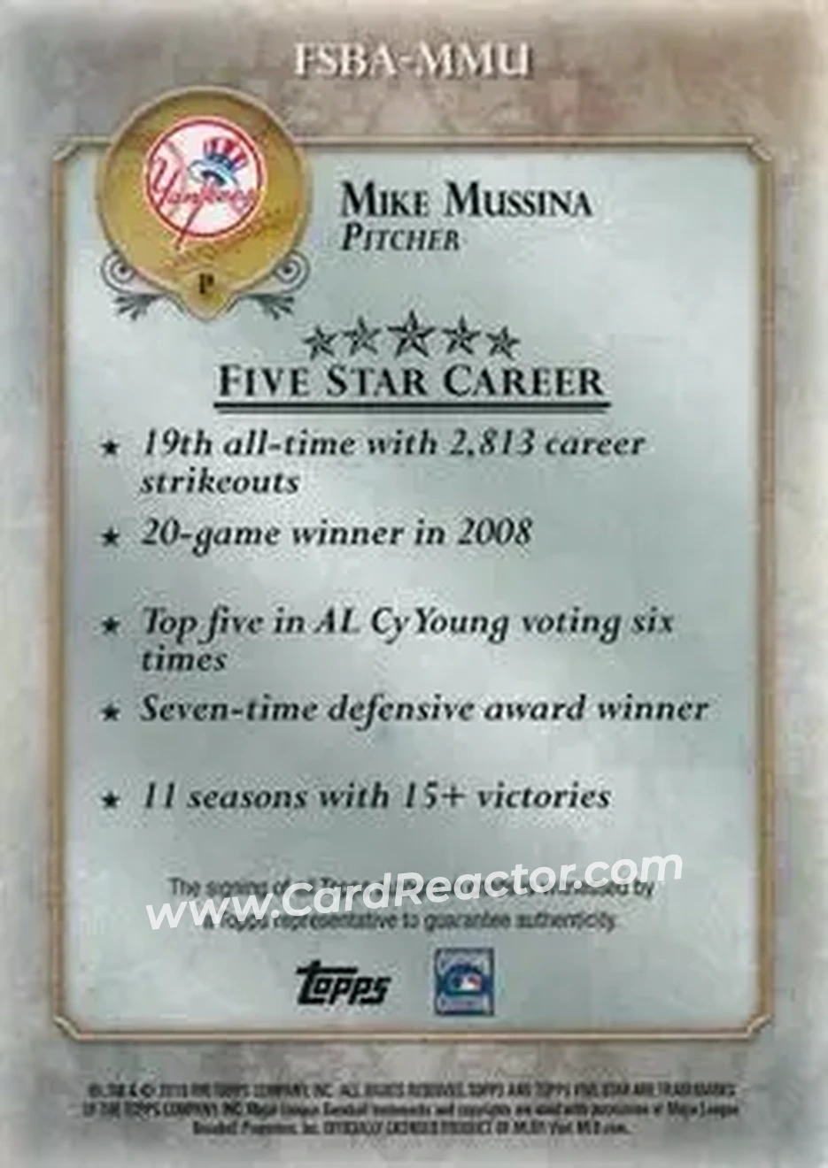 2013 Topps Five Star - Autographs #FSBA-MMU - Mike Mussina - New York Yankees - Back 2013 Topps Five Star - Autographs #FSBA-MMU - Mike Mussina - New York Yankees - Back