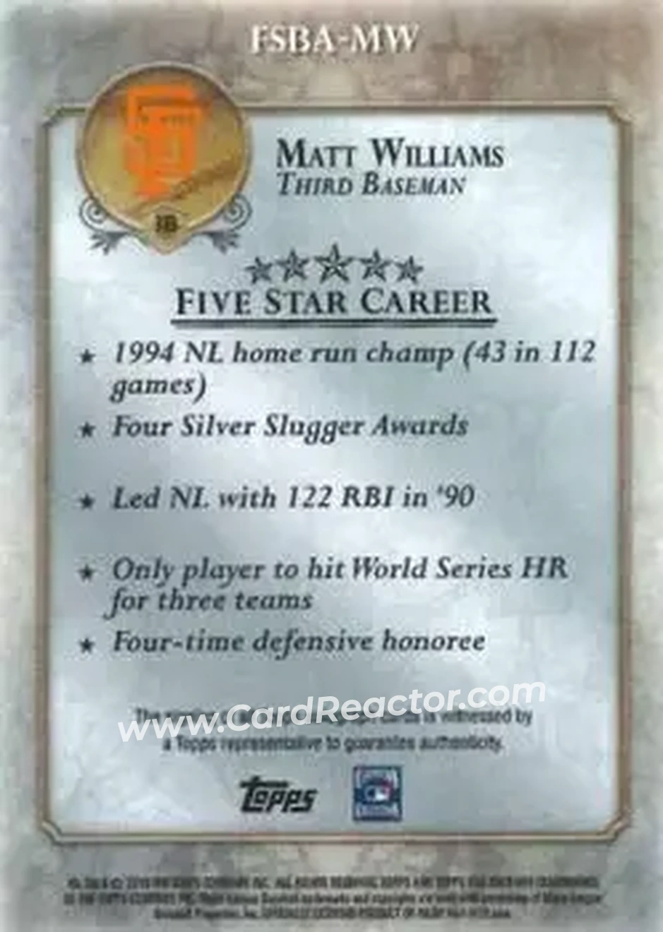 2013 Topps Five Star - Autographs #FSBA-MW - Matt Williams - San Francisco Giants - Back 2013 Topps Five Star - Autographs #FSBA-MW - Matt Williams - San Francisco Giants - Back