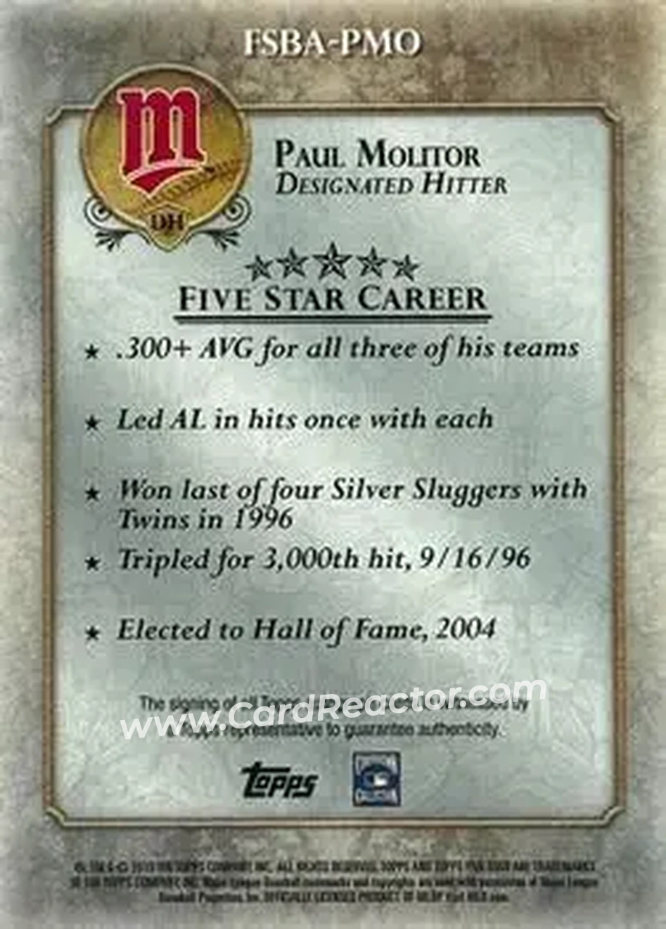 2013 Topps Five Star - Autographs #FSBA-PMO - Paul Molitor - Minnesota Twins - Back 2013 Topps Five Star - Autographs #FSBA-PMO - Paul Molitor - Minnesota Twins - Back