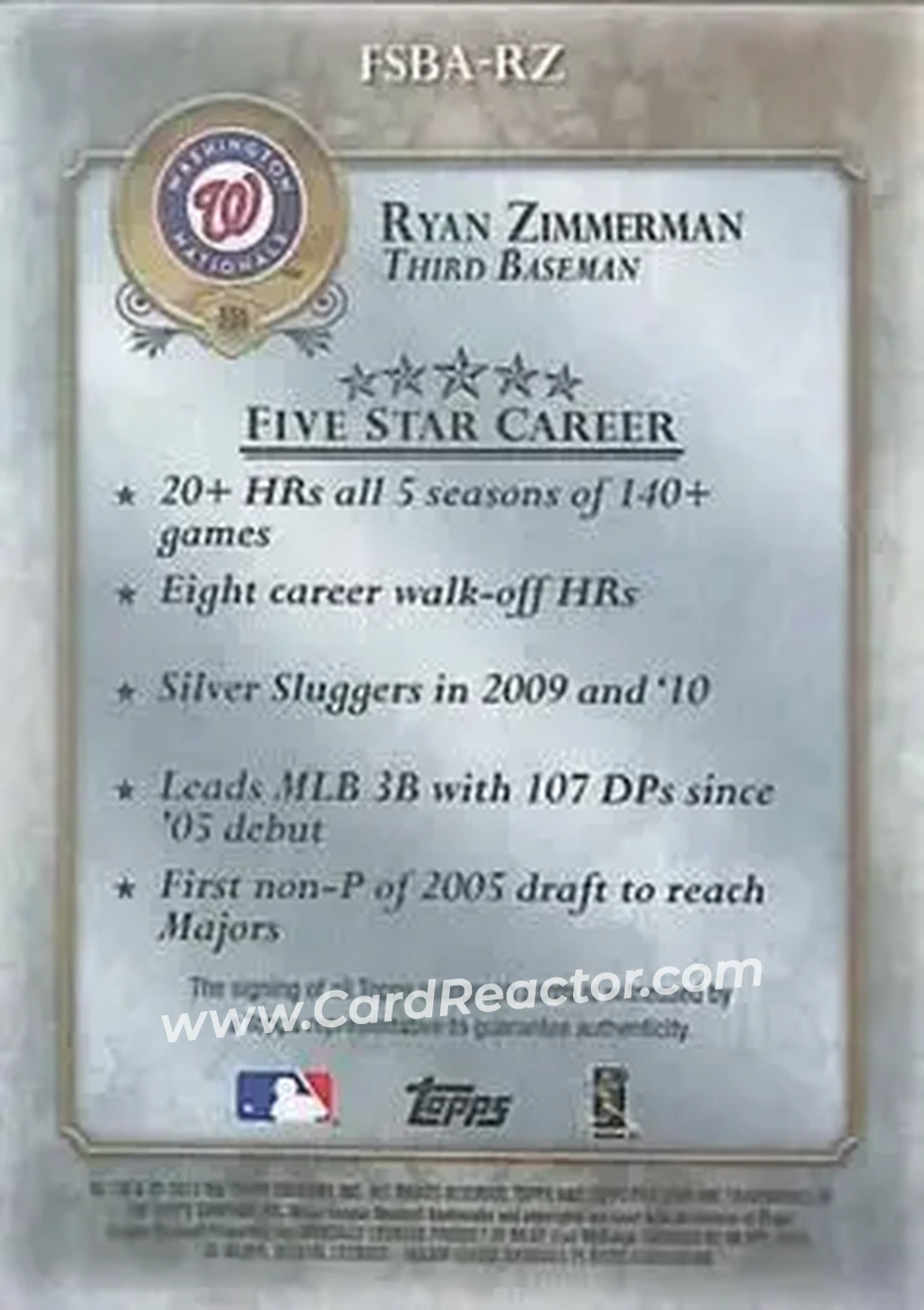 2013 Topps Five Star - Autographs #FSBA-RZ - Ryan Zimmerman - Washington Nationals - Back