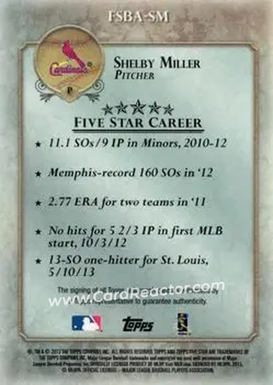 2013 Topps Five Star - Autographs #FSBA-SM - Shelby Miller - St. Louis Cardinals - Back