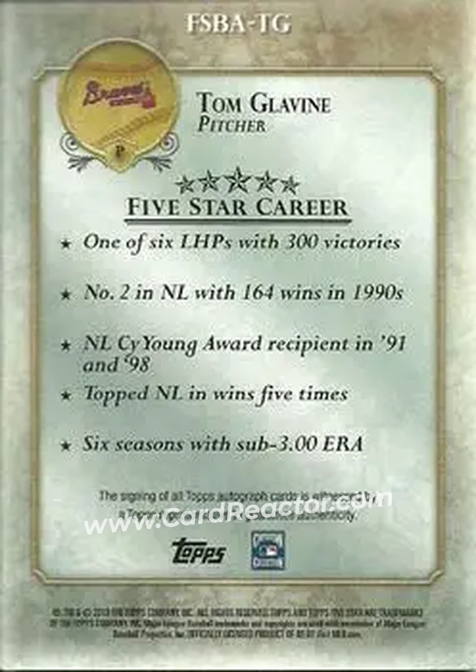 2013 Topps Five Star - Autographs #FSBA-TG - Tom Glavine - Atlanta Braves - Back