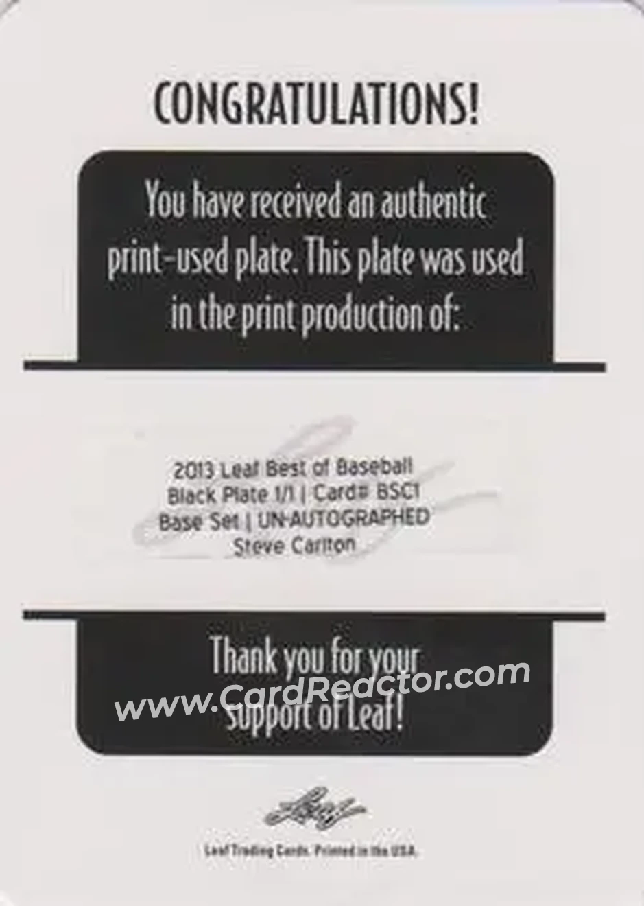 2013 Leaf Best of Baseball - Printing Plates Black #BSC1 - Steve Carlton - Philadelphia Phillies - Back