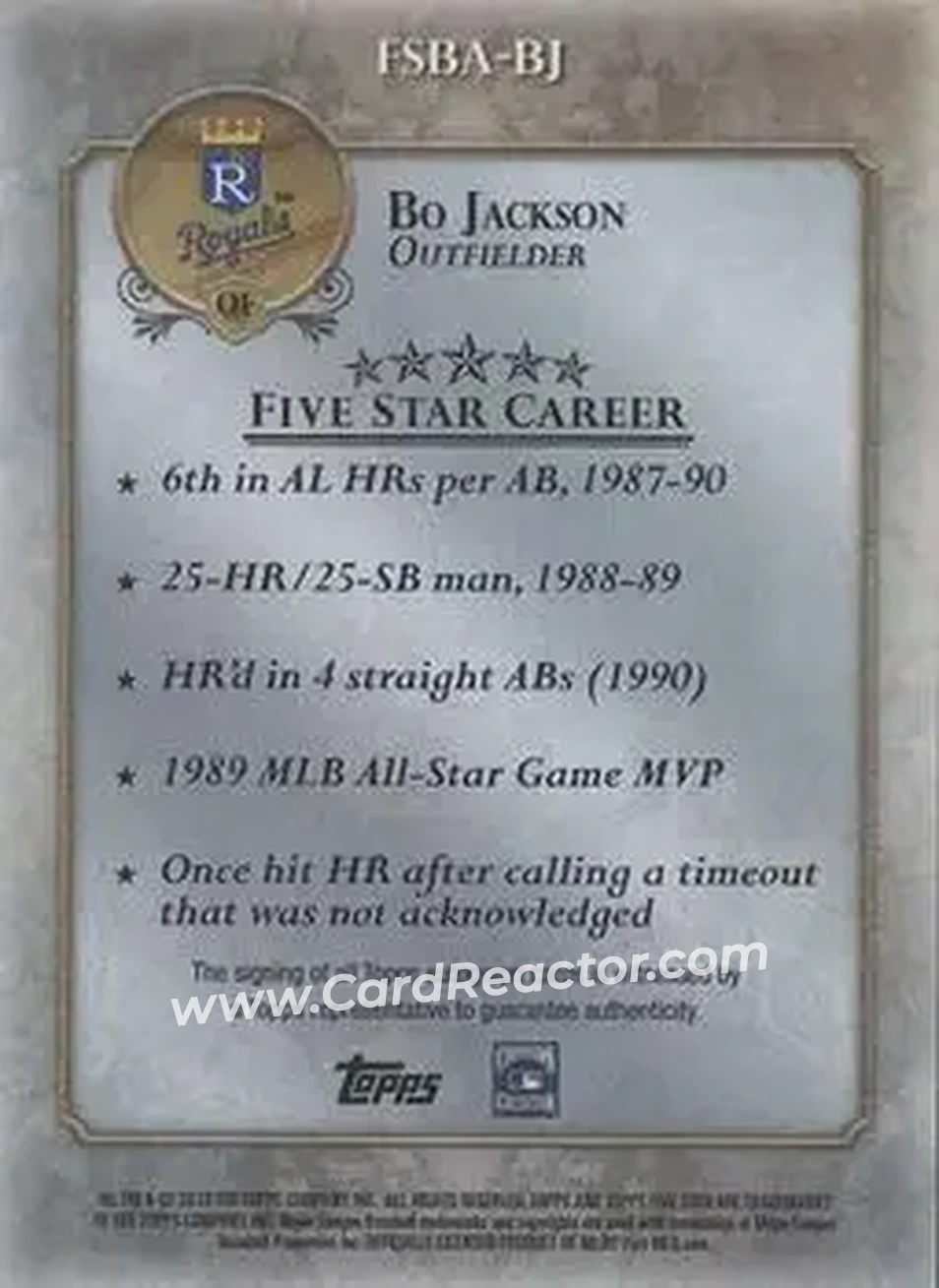 2013 Topps Five Star - Autographs Five Star 1/1 #FSBA-BJ - Bo Jackson - Kansas City Royals - Back 2013 Topps Five Star - Autographs Five Star 1/1 #FSBA-BJ - Bo Jackson - Kansas City Royals - Back