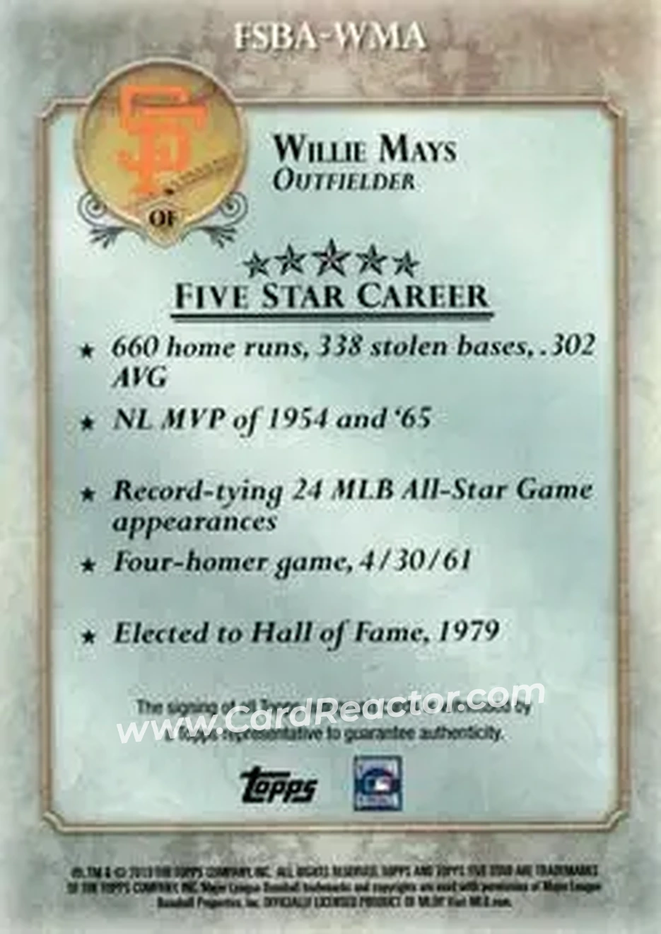2013 Topps Five Star - Autographs Five Star 1/1 #FSBA-WMA - Willie Mays - San Francisco Giants - Back